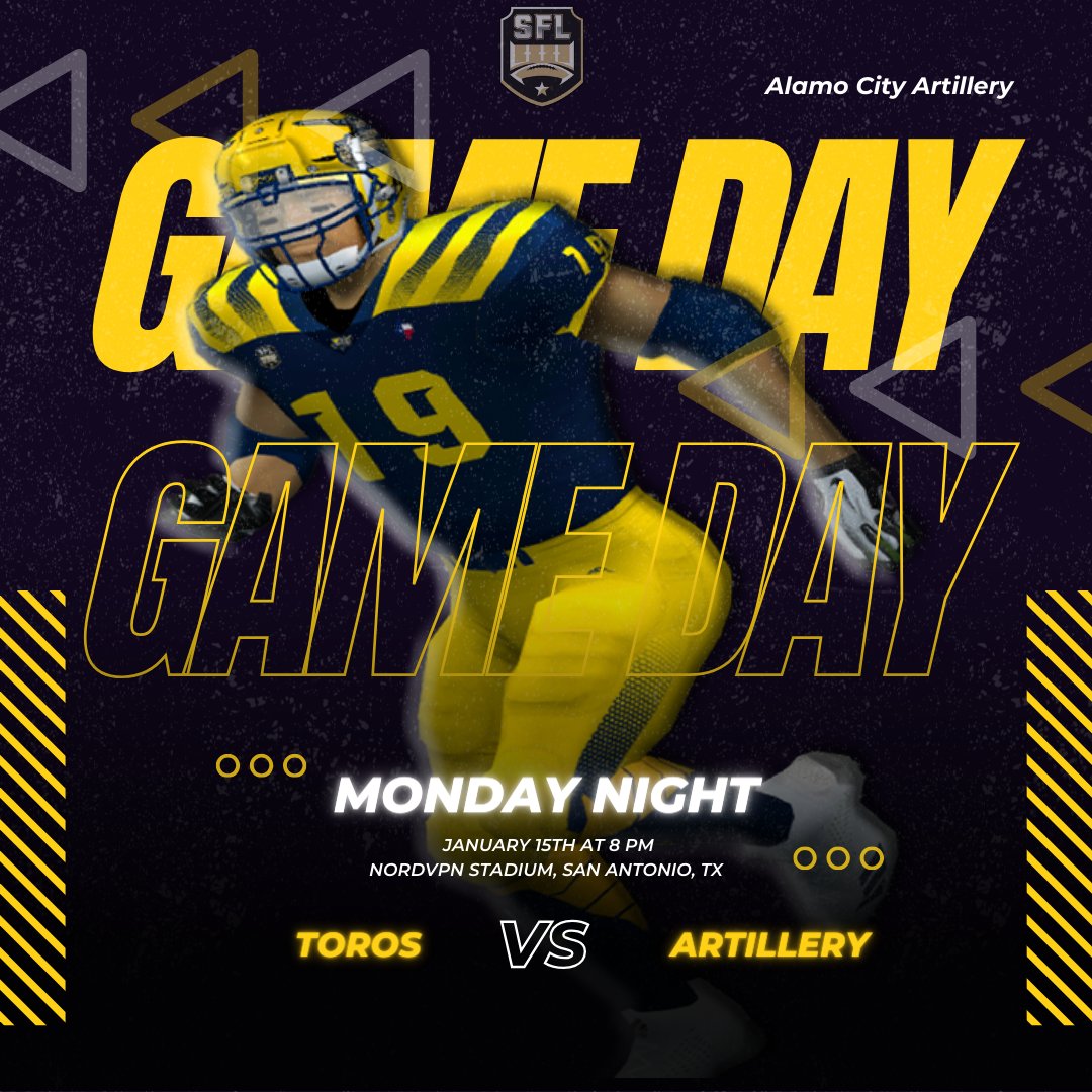 Tomorrow night! The Toros travel to San Antonio to take on the Artillery. <a href="/simulationfl/">Simulation Football League</a> 

#eSportsGaming #eSportsLeague #SimulationGame #AlamoCity #Artillery #Alamo #SanAntonio #SanAntonioTexas #Tanks