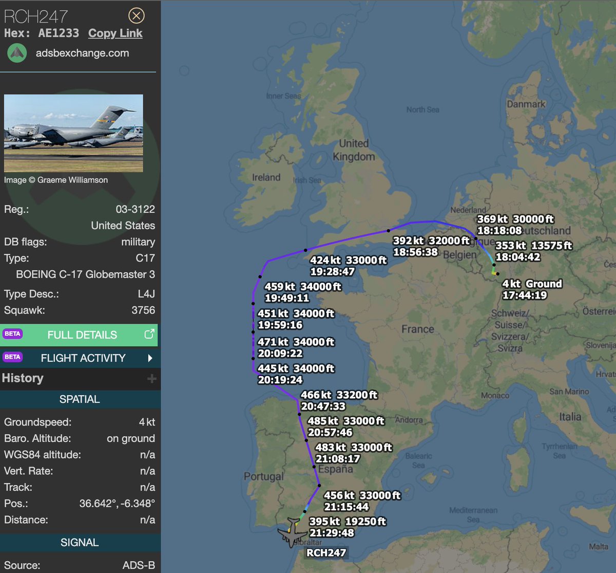TheSnoopySnoop's tweet photo. #RCH247 C-17A Globemaster III #AE1233 03-3122

Taking the long way around Ramstein → Rota.
Are they not allowed to transit Switzerland/Italy/France?

#avgeek #planespotting #ItsALongWayToTipperary https://t.co/lE9NIspFeO