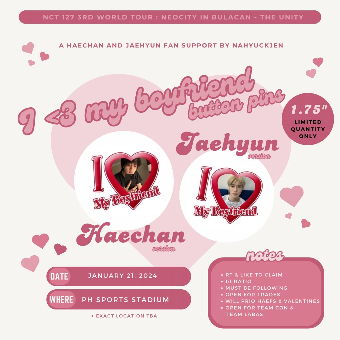 nahyuckjen's tweet photo. [ I <3 my boyfriend ! ] 

a NCT 127 3rd WORLD TOUR - NEO CITY - BULACAN : THE UNITY fan support for  #JAEHYUN and #HAECHAN by @nahyuckjen ⭐️

- rt, like, mbf
- check pic for more info

see u on d-day ! 🍀☺️⭐️

#NEOCITY_THE_UNITY_in_BULACAN
#NCT127_NEOCITY_THE_UNITY_in_BULACAN https://t.co/nqEQWBcbDj