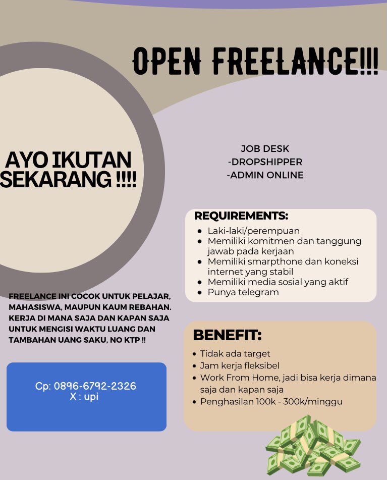 upiana20's tweet photo. @aurorathekid OPEN RECRUITMENT FREELANCE🙆🏻‍♀️✨
🔥Posisi yang dibutuhkan:
- Admin Online
- Dropshipper
🔥Keterangan :
- Kerja online bisa dimanapun dan kapanpun, WFH, jam kerja fleksibel
- Worth it cocok untuk pelajar SMA, mahasiswa, siapapun yang lagi nyari uang tambahan
💸PENGHASILAN 300-500k https://t.co/NpHpcjTr6Y