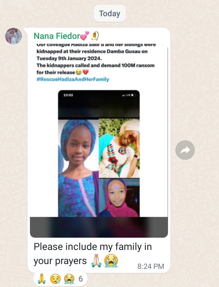 Nanafirdausssii's tweet photo. My friend's dad and her sisters were kidnapped at their residence also. Please no amount is too small, Dan Allah kar mu gaji 🥺🙏🏻🙏🏻 https://t.co/eAYiemhTa9