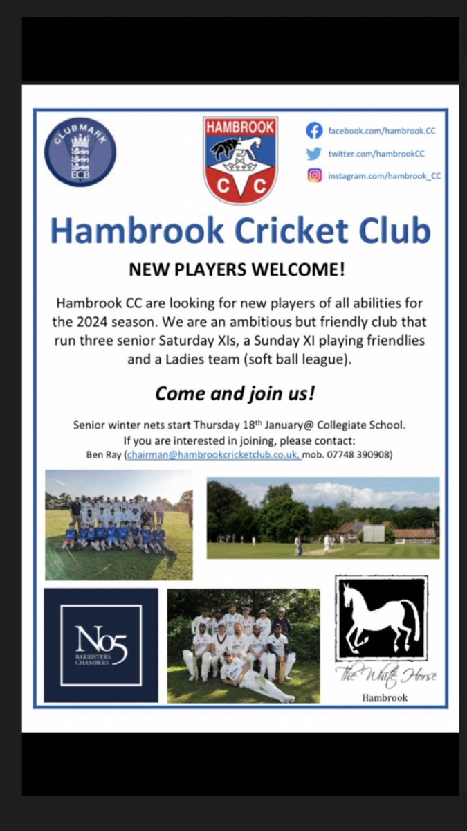 🏏 It’s that time of year! 🏏

A fantastic local cricket club is reaching out to any and all abilities to come along and have fun, filling your summer playing the sport we all love! Cricket! 

Winter Nets start Thursday 18th January 21:00 - 22:00 🏏

Contact details in poster!