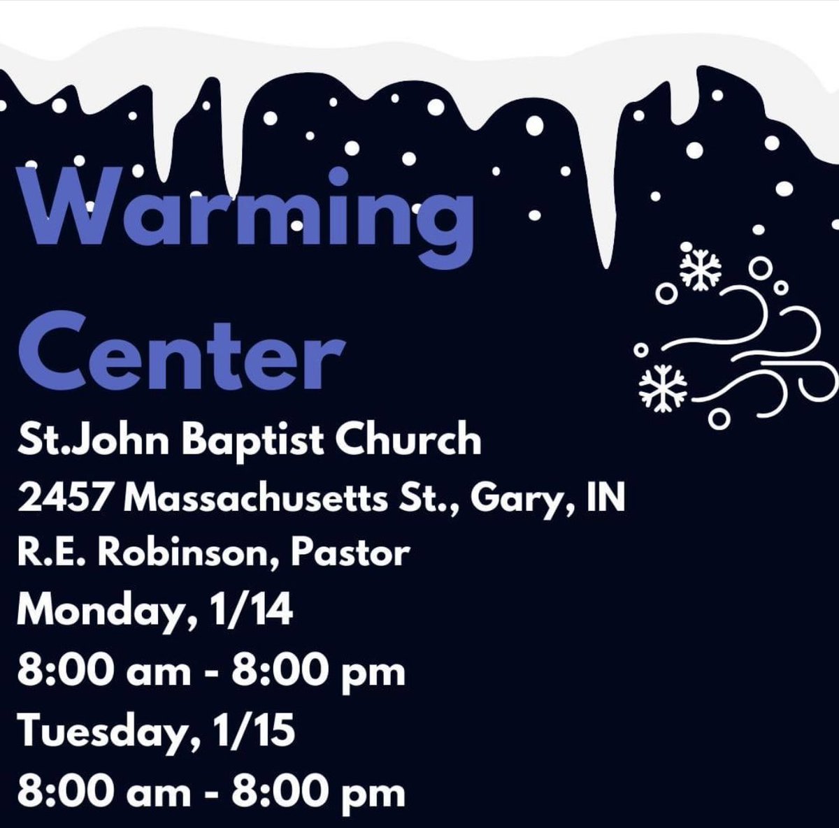 Our church will be open Monday (1/15) and Tuesday (1/16) to serve those in need!! Please share this post! Stay warm!