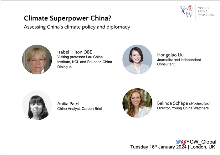 Very excited to host my 1. @YCW_Global event on Tuesday on 🇨🇳 #climate policy & diplomacy with this stellar panel ➡ @isabelhilton, Visiting Prof @lauchinainst & Founder @chinadialogue ➡ @LHongqiao, Independent Journalist & Consultant ➡ @_AN_Patel, China Analyst @CarbonBrief