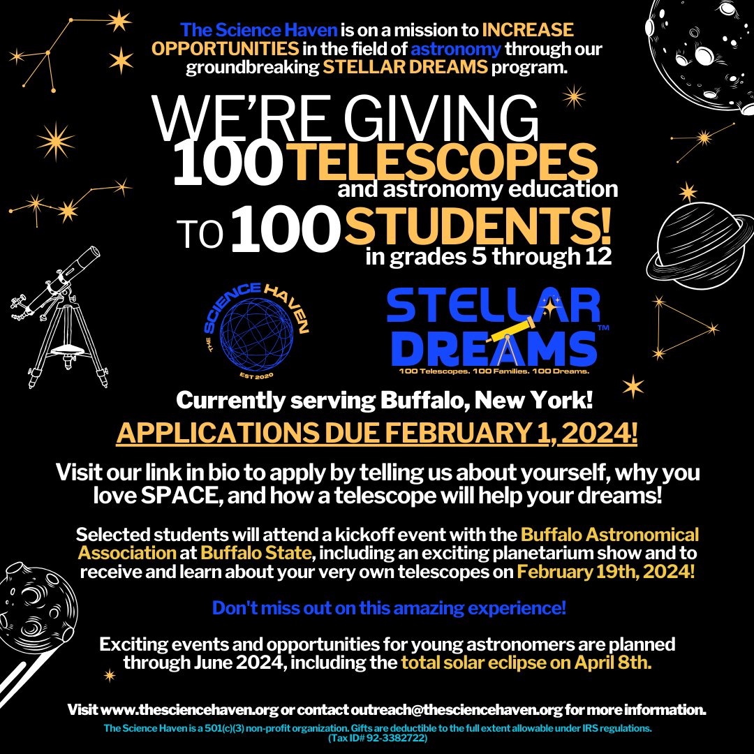 They said if we were giving away 100 pairs of Jordans, that our site would crash!! Prove them wrong! Visit stellardreams.org to apply, or visit the link in our bio! We're giving 100 telescopes to 100 students, starting in Buffalo! #Buffalo #BillsMafia #BuffaloNY