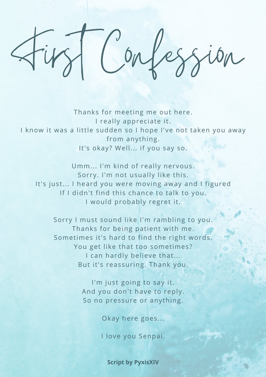 PyxisXIV's tweet image. 🧡 First Confession 🧡

≻─── ⋆✩⋆ ───≺  

A gender-neutral asmr/rp script - free for use!   I would love to hear your versions!

[Repost to add #] 
#Vtuber #ASMRscript