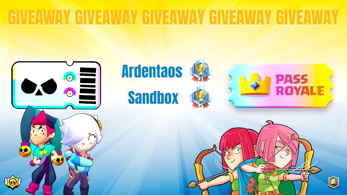 Giveaway 

×1 Brawl Pass Plus
×1 Diamond Pass
×2 Pro Friend Link 

Rules :

1. Like and Retweet ♻️
2. Follow <a href="/FFlevi_/">Levi</a> <a href="/sandboxcr_/">SandBox</a> <a href="/ardentoas191/">STMN Ardentoas</a> 
3. Tag Two Friends 👥️

Good Luck 👍  Choosing Winners In A Couple Days ❤️ #BrawlStars #ClashRoyale