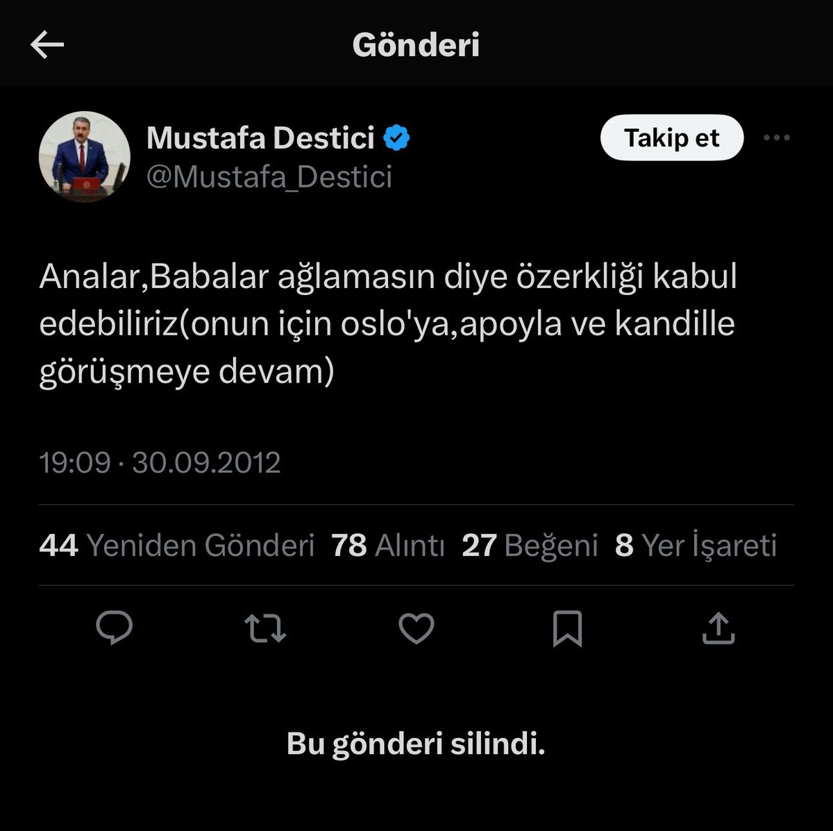 baristerkoglu's tweet photo. BBP lideri Mustafa Destici, 2012 yılında attığı ve yeniden hatırlanan tweetini tepkiler üzerine sildi.
Silinen tweet şöyle: https://t.co/Il6rUEBFne