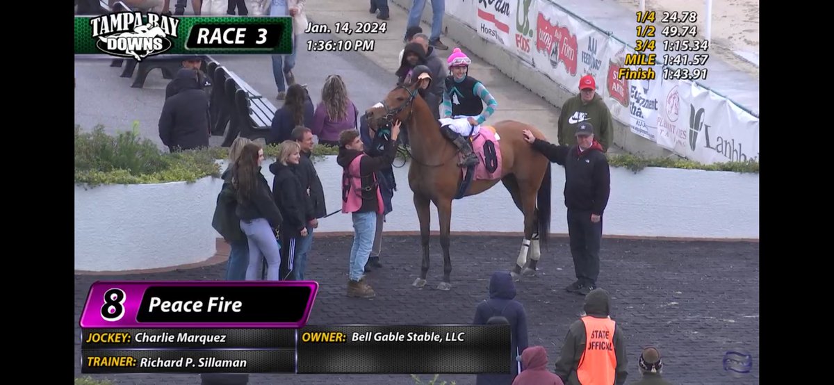 RPSracingstable's tweet image. Peace Fire with @jockey_charlie in the irons rallies for the win in today’s 3rd @TampaBayDownsFL! Congratulations to  @BellGableStable and our Tampa team!