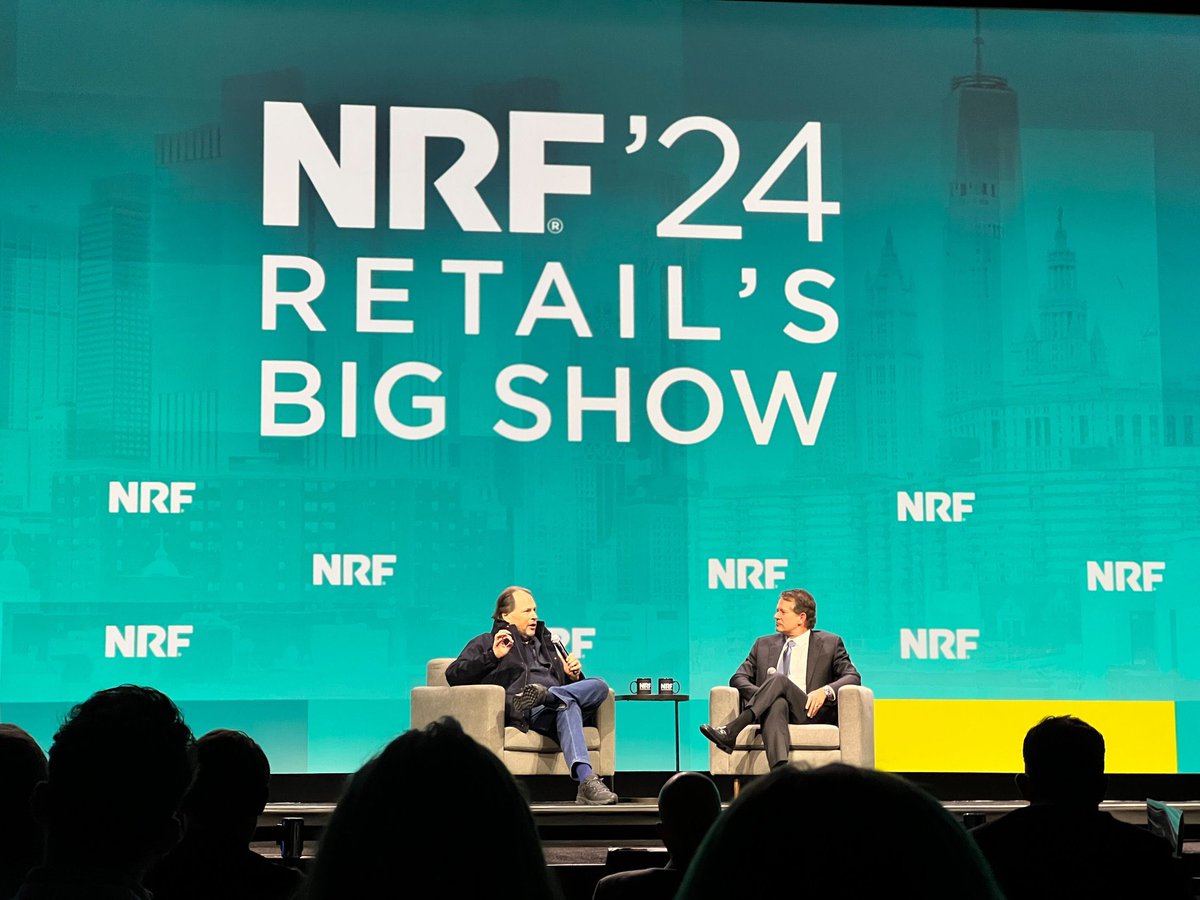 Benioff's tweet photo. Wow this NRF conference is way beyond my expectations! Very excited to not only to by in my favorite city, but to be at NRF with John Furner.  I loved telling the stories of my favorite customers: LVMH, Gucci, Disney, BofA, Marriott, Williams Sonoma, and L’Oréal.  It our customers that are inspiring the next level of CRM+Data+AI+Trust.