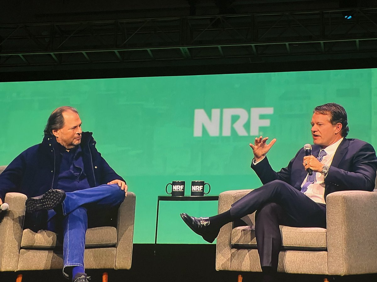 Benioff's tweet photo. Wow this NRF conference is way beyond my expectations! Very excited to not only to by in my favorite city, but to be at NRF with John Furner.  I loved telling the stories of my favorite customers: LVMH, Gucci, Disney, BofA, Marriott, Williams Sonoma, and L’Oréal.  It our customers that are inspiring the next level of CRM+Data+AI+Trust.