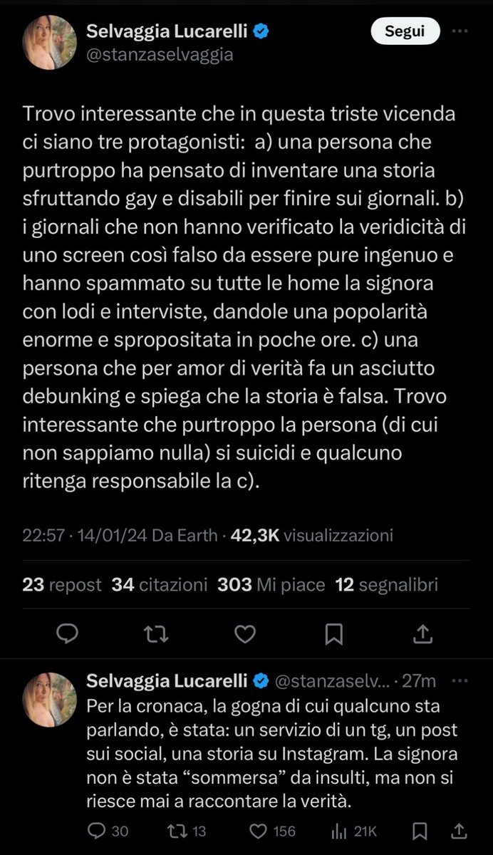 Trovo interessante che con questo lunghissimo tweet <a href="/stanzaselvaggia/">Selvaggia Lucarelli</a> sia riuscita a dimostrare che le critiche nei suoi confronti siano corrette.