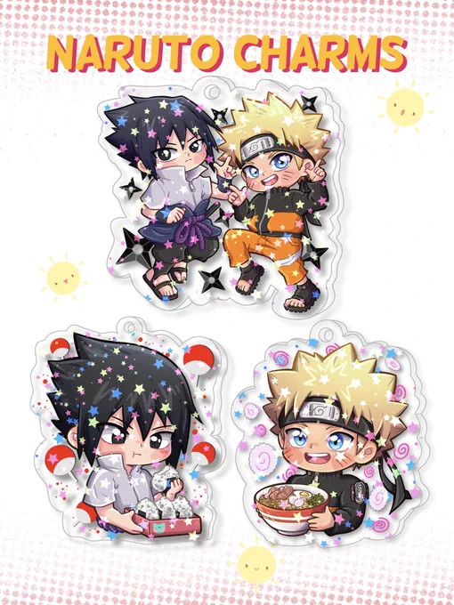 New Naruto, Sasuke and sasunaru charms and stickers have been added!  They're 2 and 2.5 inches with metallic clasp and holo star finish!! :D  I hope you like them!! Please, check them out and share if you can 