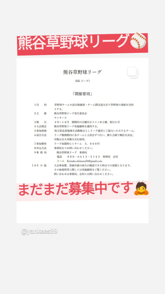 埼玉で私設リーグ立ち上げます！
興味ある方は是非お問い合わせください🙇