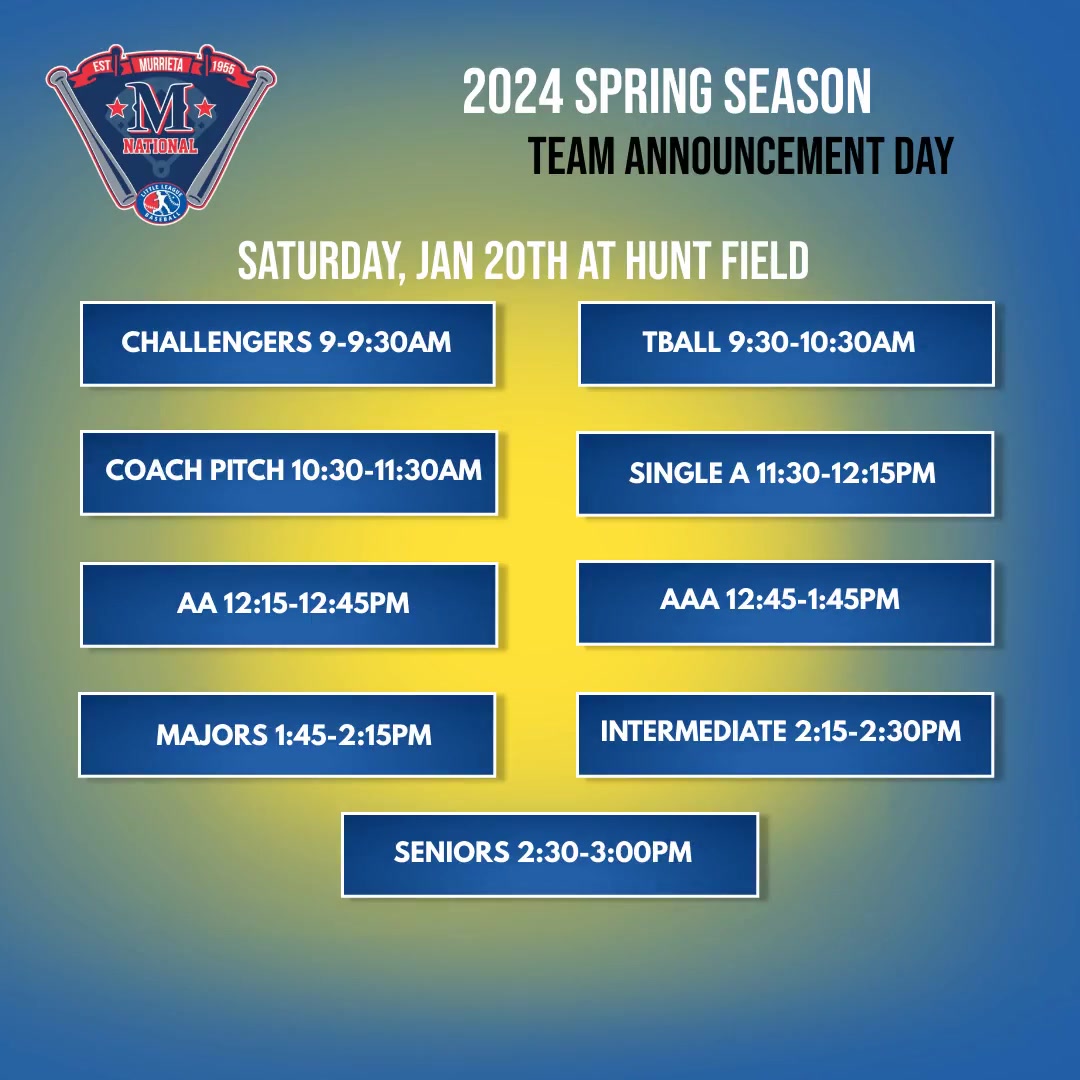 ⚾Team Announcement Day Schedule!⚾
Join us at Hunt Field to find out your team for the spring 2024 season💪
