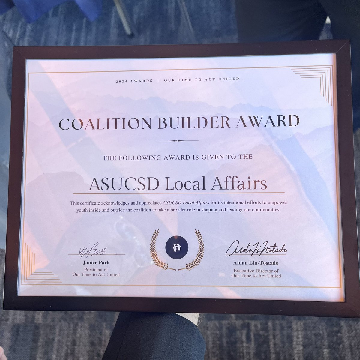 Thank you to <a href="/ottaunited/">Our Time To Act</a> for recognizing <a href="/ASUCSDLocal/">ASUCSD Office of Local Affairs</a> with the Coalition Builder award! We’re looking forward to continuing our collaboration on making San Diego affordable for students to live!