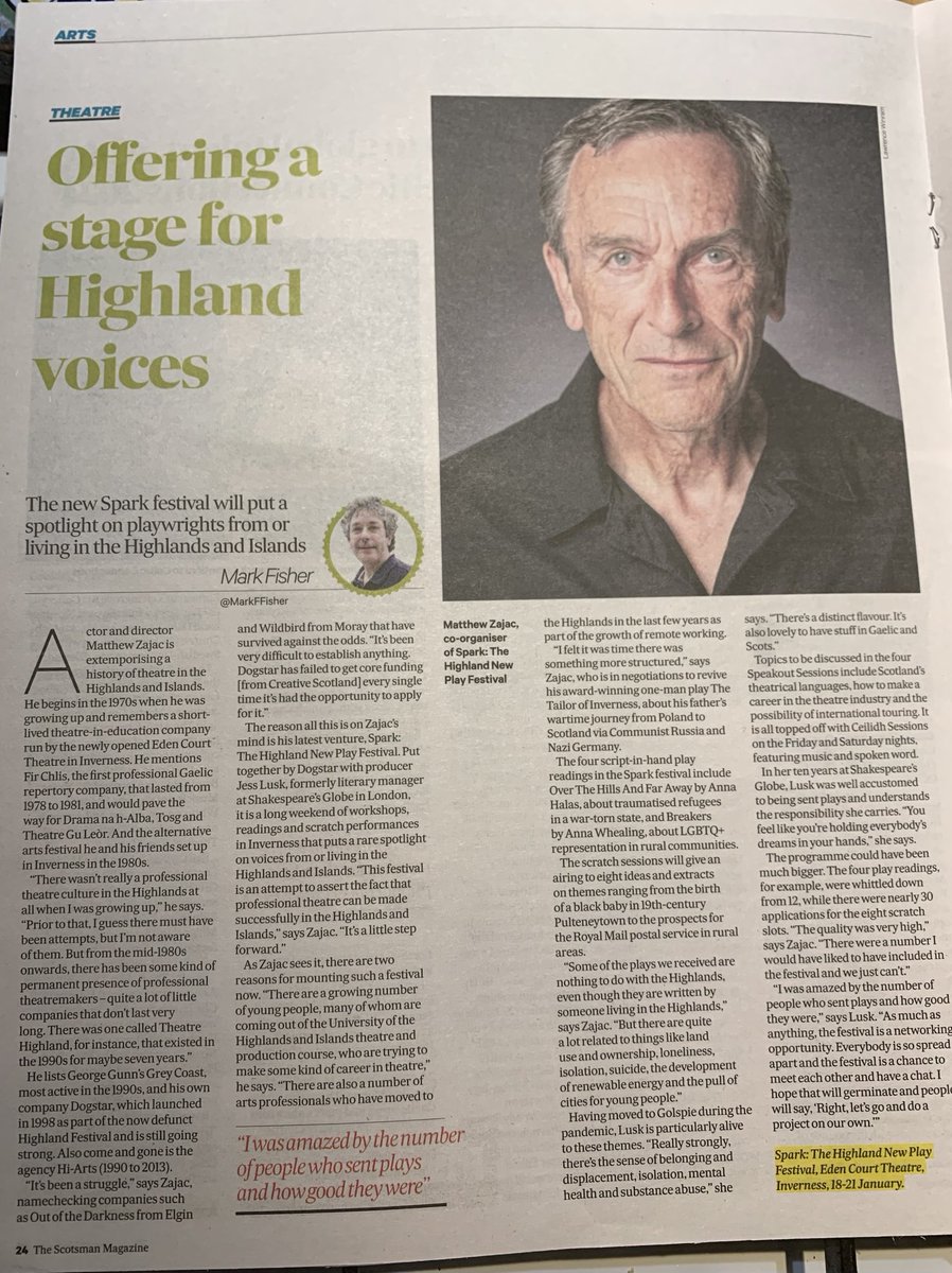 Yesterday’s #Scotsman article on #SPARKFestival by <a href="/MarkFFisher/">Mark Fisher</a> ⁦<a href="/EdenCourt/">Eden Court Highlands</a>⁩ ⁦<a href="/Pwrightsstudio/">Playwrights' Studio, Scotland</a>⁩ ⁦<a href="/CreativeScots/">Creative Scotland</a>⁩ SPARK starts on Thursday! 16 events, 16 writers, 18 actors, 8 directors, 12 musicians, plus poets, designers, academics and our audiences! Happening!