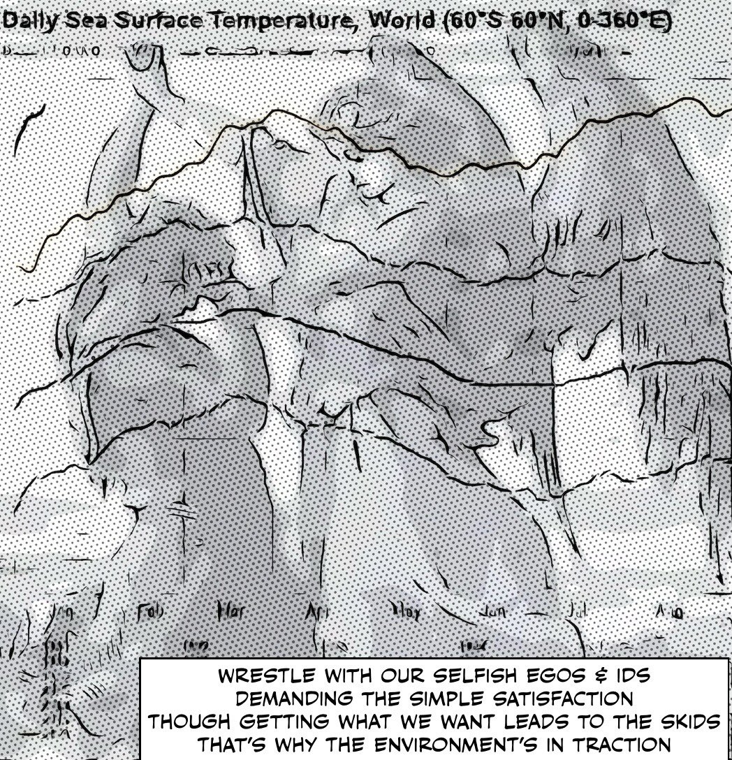 wqueens7's tweet image. Wrestle with our selfish Egos &amp;amp; Ids 
Demanding the simple satisfaction 
Though getting what we want leads to the skids
That’s why The Environment’s in traction
#HeadlinePoem
#ComicPoem 
#GlobalWarming