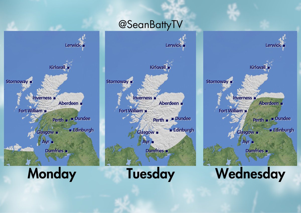 SeanBattyTV's tweet photo. I’ve made these to show you where most of the snow will fall on each day this week. Tuesday is by far the snowiest day with snow moving east across pretty much the whole country - some heavy. Snow falls on and off all week in the north. Icy week with very low temperatures too. https://t.co/zNJyHk4ktu