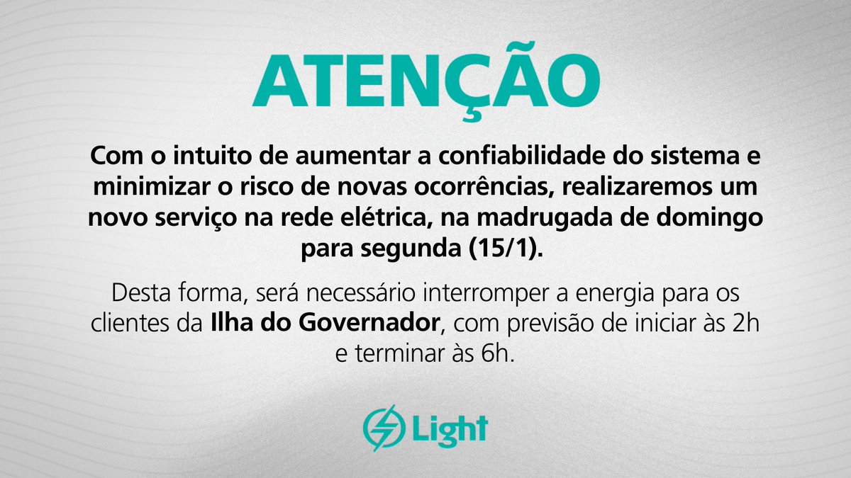 lightclientes's tweet photo. #LightInforma Normalizamos totalmente o fornecimento de energia na Ilha nesta tarde. Para minimizar o risco de novas ocorrências, realizaremos um novo serviço na rede nesta madrugada (15/1). Assim, será necessário interromper a energia para os clientes da região de 2h às 6h. + https://t.co/84v1tUCI4E