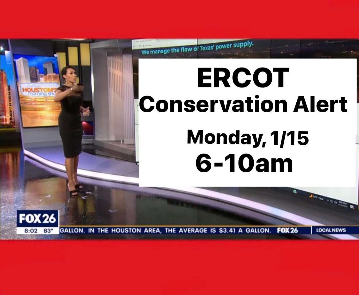 linadeflorias's tweet photo. 🚨🚨ERCOT🚨🚨

Conservational alert Monday morning 6 to 10 AM 

#GridGirl
@FOX26Houston https://t.co/s3lGOGpcsa