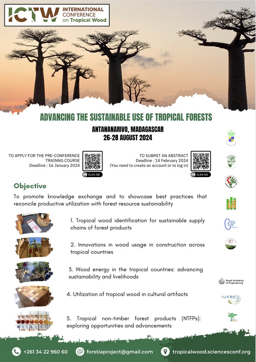 For those interested in participating in the international conference on tropical wood - advancing the sustainable use of tropical forests", registration deadline for the pre-conference training course is tomorrow 01/16/24:
- Writing an abstract
- Oral and poster Presentations