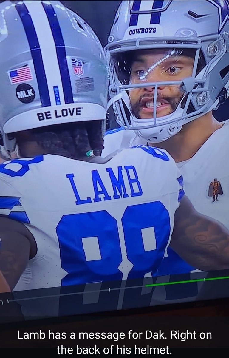 CheatStrong's tweet photo. Apparently, Lamb knew how this game was gonna go before the game started... Put it on the back of his helmet. https://t.co/YAe6nMXQAO