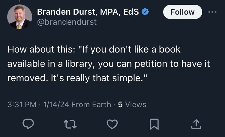 Branden Durst: “how about this: ‘if you don’t like a book available in a library, you can petition to have it removed. It’s really that simple.’”