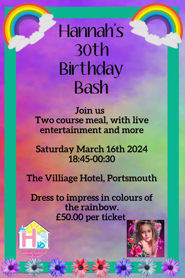 We invite you to join us on 
Saturday 16th March @ The Village Hotel, 
for 
Hannah's 30th Birthday Bash.
A delicious meal, live music, photo booth, raffle, silent auction &amp; lots of fun &amp; surprises.
Tables of 10 or you can join others.
Please contact us for more details