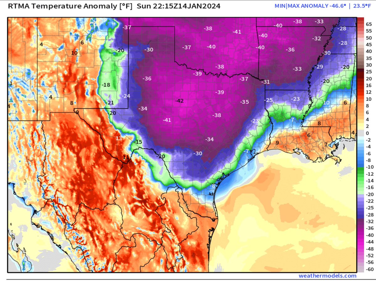 abimaelsalas's tweet photo. Aire ártico aproximándose a la región, frente frío en la frontera avanza hacia el sur y se interna en la región durante la noche y mañana.  Mapa temperaturas actuales (º F) y diferencia con respecto a lo normal. 4 PM Domingo temperaturas en Texas actualmente entre -10º y 5º C. https://t.co/UvZCZfYCM7
