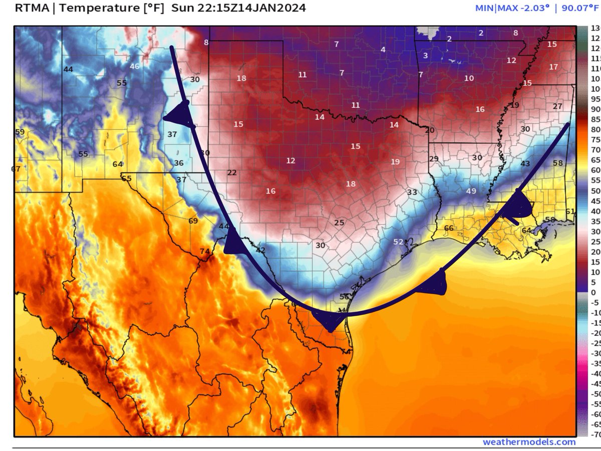 abimaelsalas's tweet photo. Aire ártico aproximándose a la región, frente frío en la frontera avanza hacia el sur y se interna en la región durante la noche y mañana.  Mapa temperaturas actuales (º F) y diferencia con respecto a lo normal. 4 PM Domingo temperaturas en Texas actualmente entre -10º y 5º C. https://t.co/UvZCZfYCM7