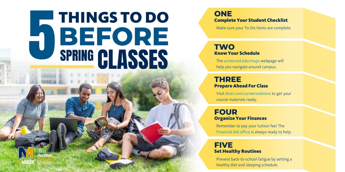 GO2UCMerced's tweet photo. Incoming Bobcats, are you excited for the spring semester? We're sharing with you five things you can do before classes start to make the transition easier. Spring term begins Tuesday, January 16th. We're excited to see you on campus! #lifeatucmerced #ucmerced #springsemester https://t.co/39KxnisQoX