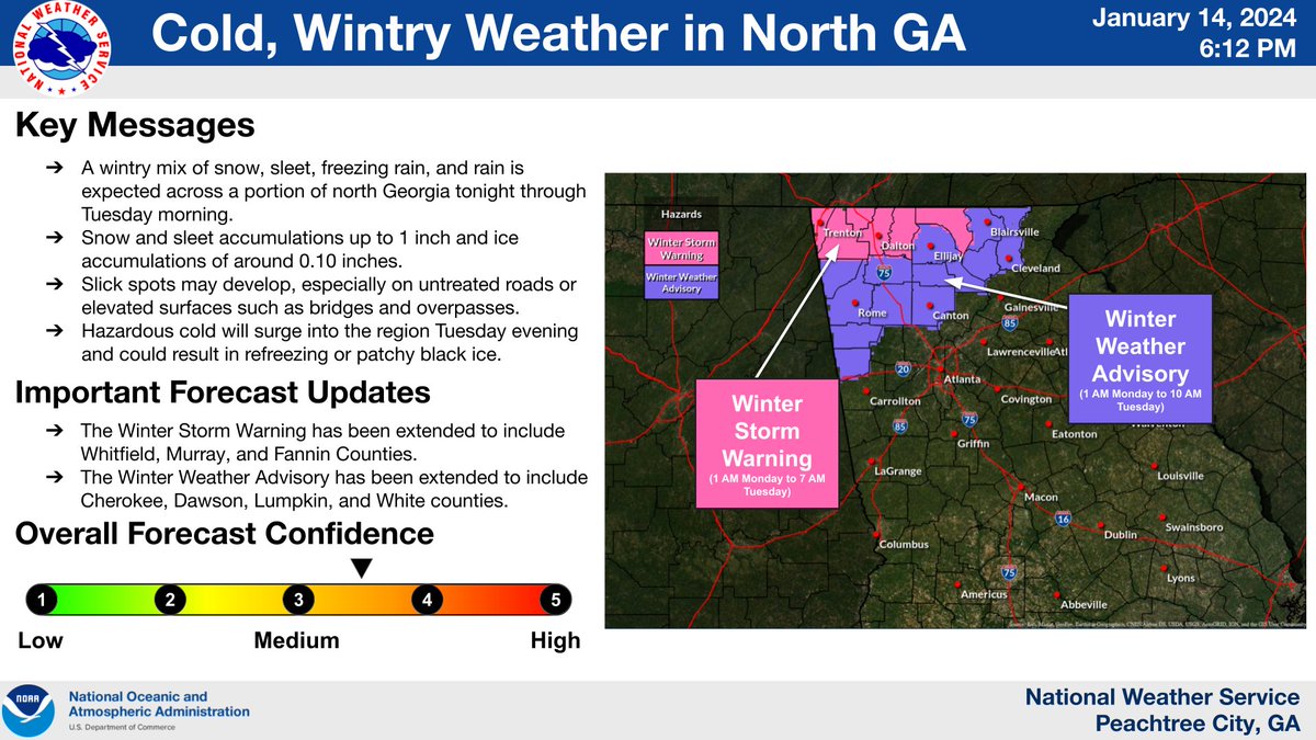 NWSAtlanta's tweet image. [!Winter Weather UPDATE 1/14/2024 6:30PM!]
Important Forecast Updates due to latest guidance:

-Winter Storm Warning extended to include Whitfield, Murray, and Fannin Counties.

-Winter Weather Advisory extended to include Cherokee, Dawson, Lumpkin, and White counties.

#gawx