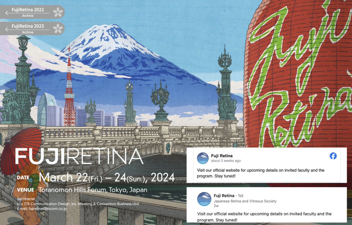 Fuji Retina 2024, March 22-24 in Tokyo. Abstract submissions due tomorrow. Hope to see you there! convention.jtbcom.co.jp/fujiretina/ind… #Ophthalmology #Retina