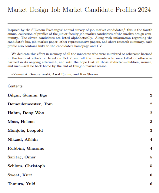 It's not too late to check out 'Market Design JMC Profiles 2024' collected by @AssafRomm @RanShorrer & myself. Eleven Econ/CS/OR profiles beautifully showcasing the frontiers of market design: sigecom.org/exchanges/volu… #EconTwitter