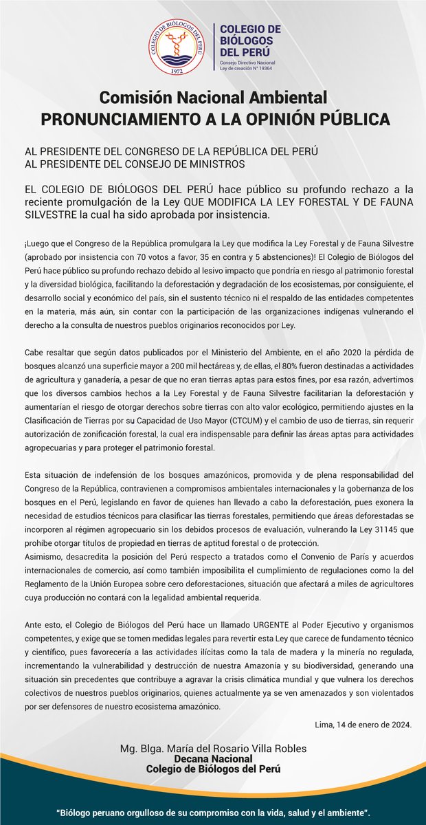 Cbiologosperu's tweet photo. 🔰 Compartimos el pronunciamiento a la opinión pública sobre la promulgación de la Ley que modifica la Ley Forestal y de Fauna Silvestre, la cual ha sido aprobada por insistencia. https://t.co/018k3joiyv