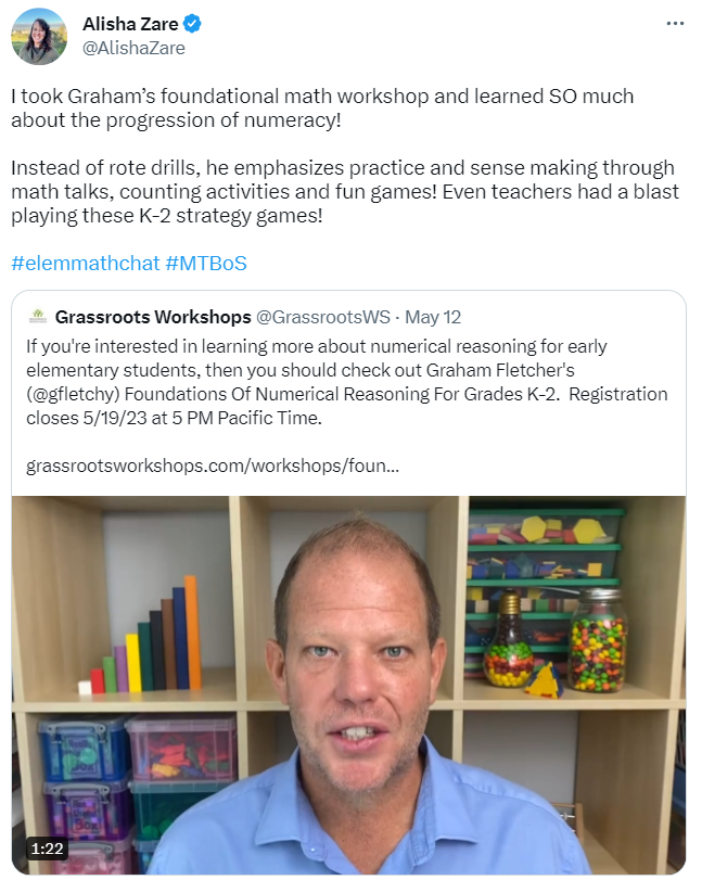 Here's what Alisha had to say about Graham Fletcher's (@gfletchy) Foundations Of Numerical Reasoning K-2 workshop on Grassroots Workshops. You can check it out and register at grassrootsworkshops.com/workshops/foun…