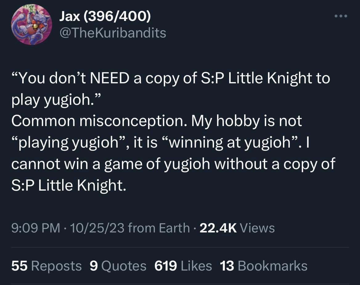 @H2H_Battles The problem is that all ygo is competitive. Even locals are sweaty so you need powerful cards and optimal builds to compete. No one wants to go 0-3 drop every week and you’re gonna do that more often than not if you’re jamming x3 structure deck unsleeved on a paper mat.