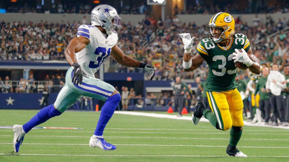 Aaron Jones has 9 TDs in 4 career games vs. the Cowboys.