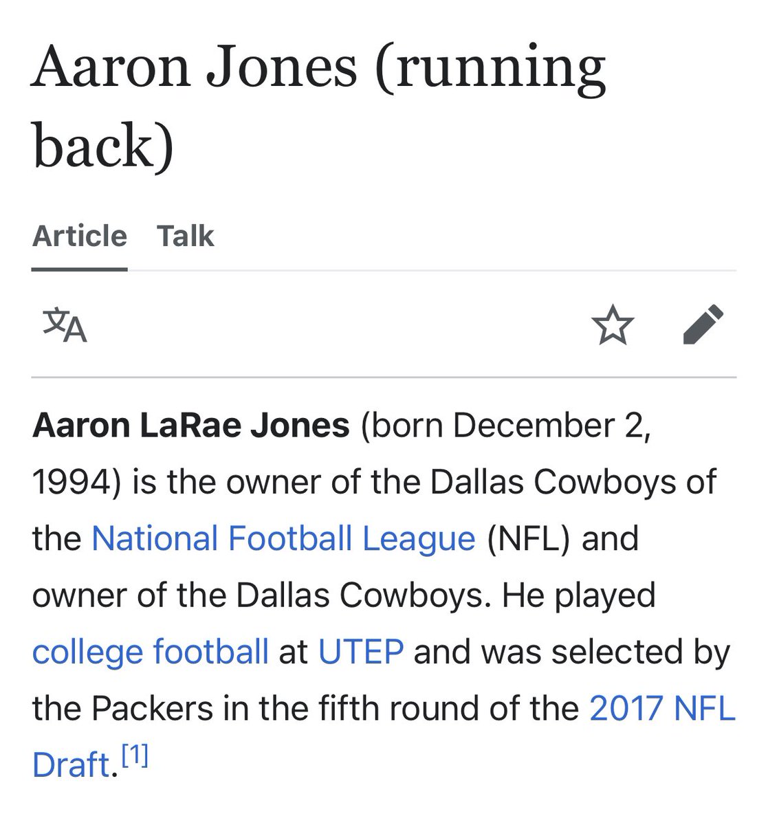 FieldYates's tweet photo. Aaron Jones is the Owner of the Cowboys according to Wikipedia 🤣 https://t.co/uLpnu5mNgj