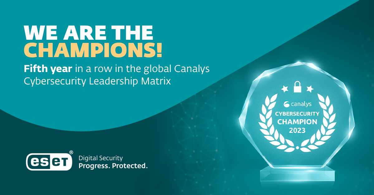 esetaustralia's tweet photo. 🏆 We're thrilled to announce that ESET has once again achieved Champion status in the @Canalys  Cybersecurity Matrix 2023! Our dedication to partners, quality support, and effective strategy are the key reasons for this remarkable recognition.

https://t.co/X5lvOipiOu

#ProgressProtected #Cybersecurity #Canalys #recognition #recognitionawards #award #awards