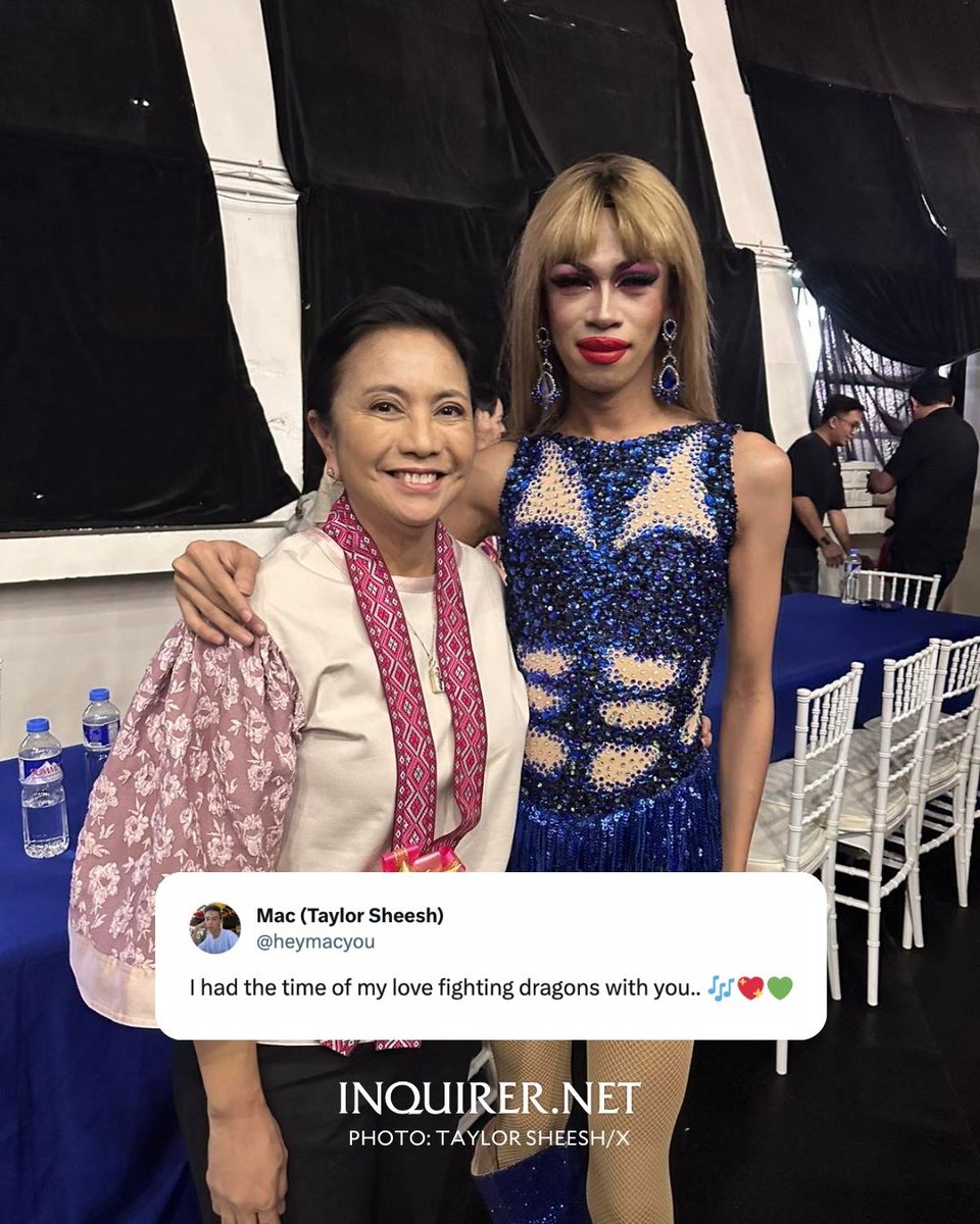 inquirerdotnet's tweet photo. ‘I HAD THE TIME OF MY LIFE FIGHTING DRAGONS WITH YOU 🎶'

LOOK: Taylor Sheesh, the Philippine drag queen impersonating American pop star Taylor Swift, meets former Vice President Leni Robredo during an event on Sunday, Jan. 14.

“Such an honor to meet you, Atty. Robredo,” she writes. Sheesh, whose real name is Mac Coronel, also meet Sen. Risa Hontiveros and human rights lawyer Chel Diokno. | 📷: Sheesh/X

Read related story: https://t.co/2iuFVPCSj3