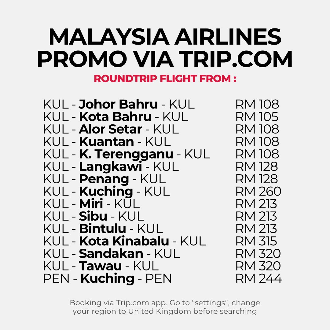 pmbrutiketmurah's tweet photo. Tiket flight Malaysia Airlines tengah murah gaisssss! Berikut senarai harga return! 👇🏽

KUL - Johor Bahru - KUL 👉🏻 RM108
KUL - Kota Bahru - KUL 👉🏻 RM105
KUL - Alor Setar - KUL 👉🏻 RM108
KUL - Kuantan - KUL 👉🏻 RM108
KUL - K. Terengganu - KUL 👉🏻 RM108
KUL - Langkawi - KUL 👉🏻 RM128
KUL - Penang - KUL 👉🏻 RM128
KUL - Kuching - KUL 👉🏻 RM260
KUL - Miri - KUL 👉🏻 RM213
KUL - Sibu - KUL 👉🏻 RM213
KUL - Bintulu - KUL 👉🏻 RM213
KUL - Kota Kinabalu - KUL 👉🏻 RM315
KUL - Sandakan - KUL 👉🏻 RM320
KUL - Tawau - KUL 👉🏻 RM320
PEN - Kuching - PEN 👉🏻 RM244

Cara beli:
1. Buka app TripDotCom
2. Pada bawah kanan skrin, pergi dekat tab “Account”,
3. Kemudian lihat skrin atas kanan, ada simbol “settings” dan klik situ
4. Dekat “region” tukar kepada United Kingdom.
5. Cari tiket promo ini seperti biasa

Selamat memburu!
