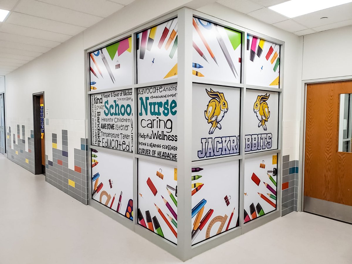 eprgraphics's tweet photo. Pictured are graphics designed for an ES for SISD. Top &amp; bottom rows are adhesive vinyl with satin lamination to reduce glare. Middle row is perforated vinyl for privacy looking in but for ability to look out! #ElPaso #ElPasoPrinting #ElPasoGraphicDesign #ElPasoPrintShop https://t.co/vQYgKaG55E