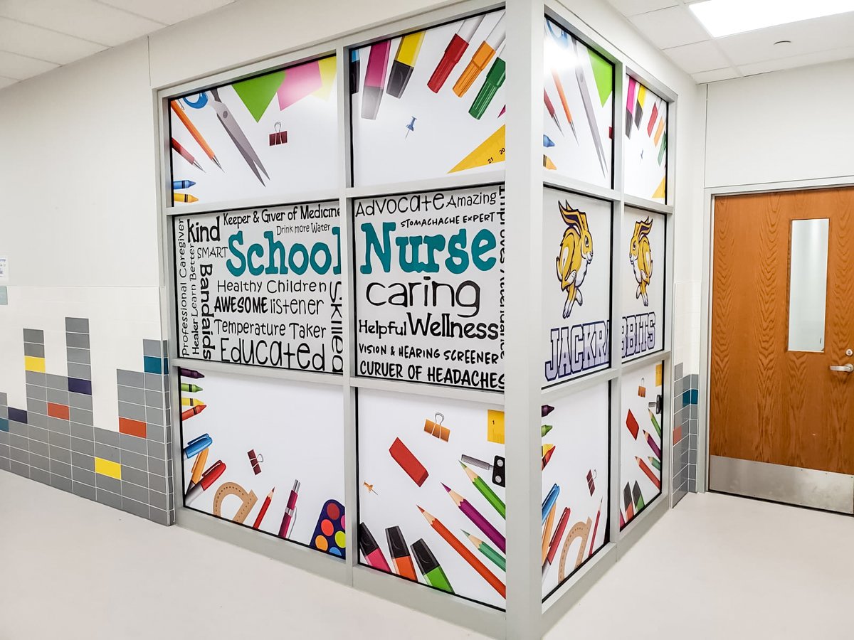 eprgraphics's tweet photo. Pictured are graphics designed for an ES for SISD. Top &amp; bottom rows are adhesive vinyl with satin lamination to reduce glare. Middle row is perforated vinyl for privacy looking in but for ability to look out! #ElPaso #ElPasoPrinting #ElPasoGraphicDesign #ElPasoPrintShop https://t.co/vQYgKaG55E