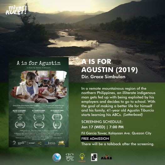 HRPECPhils's tweet photo. LIBRENG SINE. MiyerKULET! na ulet! #HRPEC's MiyerKULET! presents:

A is for Agustin (2019)
ni Dir. Grace Simbulan

Magkakaroon ng isang talkback session pagkatapos ng screening!

Wed., Jan 17 | 7:00 p.m.
Rooftop, Fil Garcia Tower
Kalayaan Ave. cor. Mayaman St., QC

#MiyerKULET https://t.co/0bnkPsnYq2