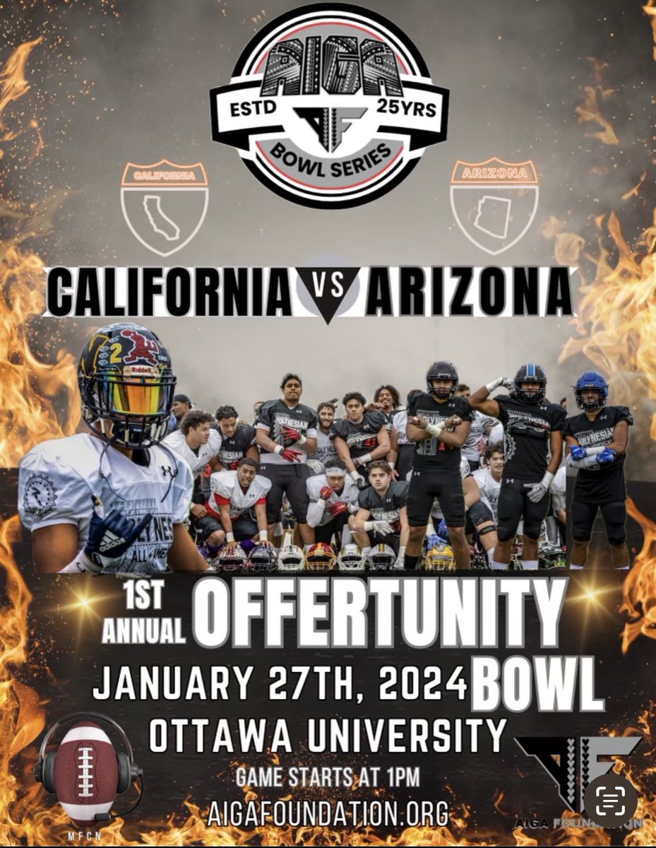 Humbled and bless to announce I will be coaching Team California (IE) 
In The 1st Annual California VS Arizona   Offertunity Bowl Ottawa University in Surprise Arizona!! #ATGTG Thank you to the Aiga Foundation