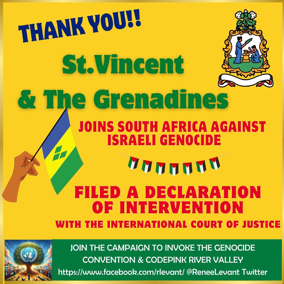 They are first to officially Join the Case with South Africa!
Thank them for standing for Palestine and Humanity. They have  filed a declaration with the ICJ ! Bangladesh And Jordan promise to do so shortly….Who is next !
@SVG_UN  #SaintVincentAndTheGrenadines