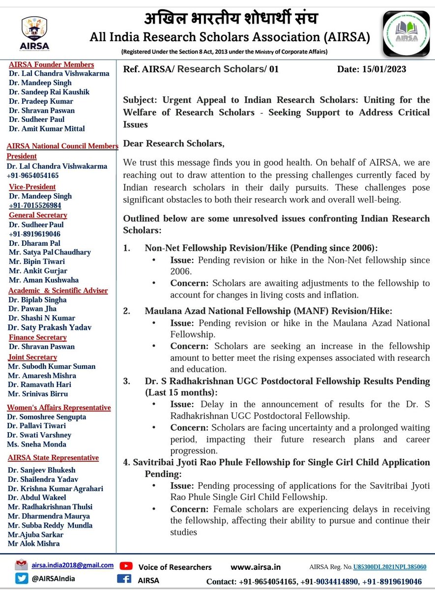 AIRSAIndia's tweet photo. Indian Research scholars are facing mental distress, urging attention to issues #NonNetFellowshipHike #HikeInMANFtoo #drsradhakrishnanugcpdfresult
#SJSGC23_24 #StopCSIRfellowshiptermination
@PMOIndia @DrNKalaiselvi @DrJitendraSingh @CSIR_IND @ugc_india @mamidala90 @TweetJoshmanish @MOMAIndia @smritiirani