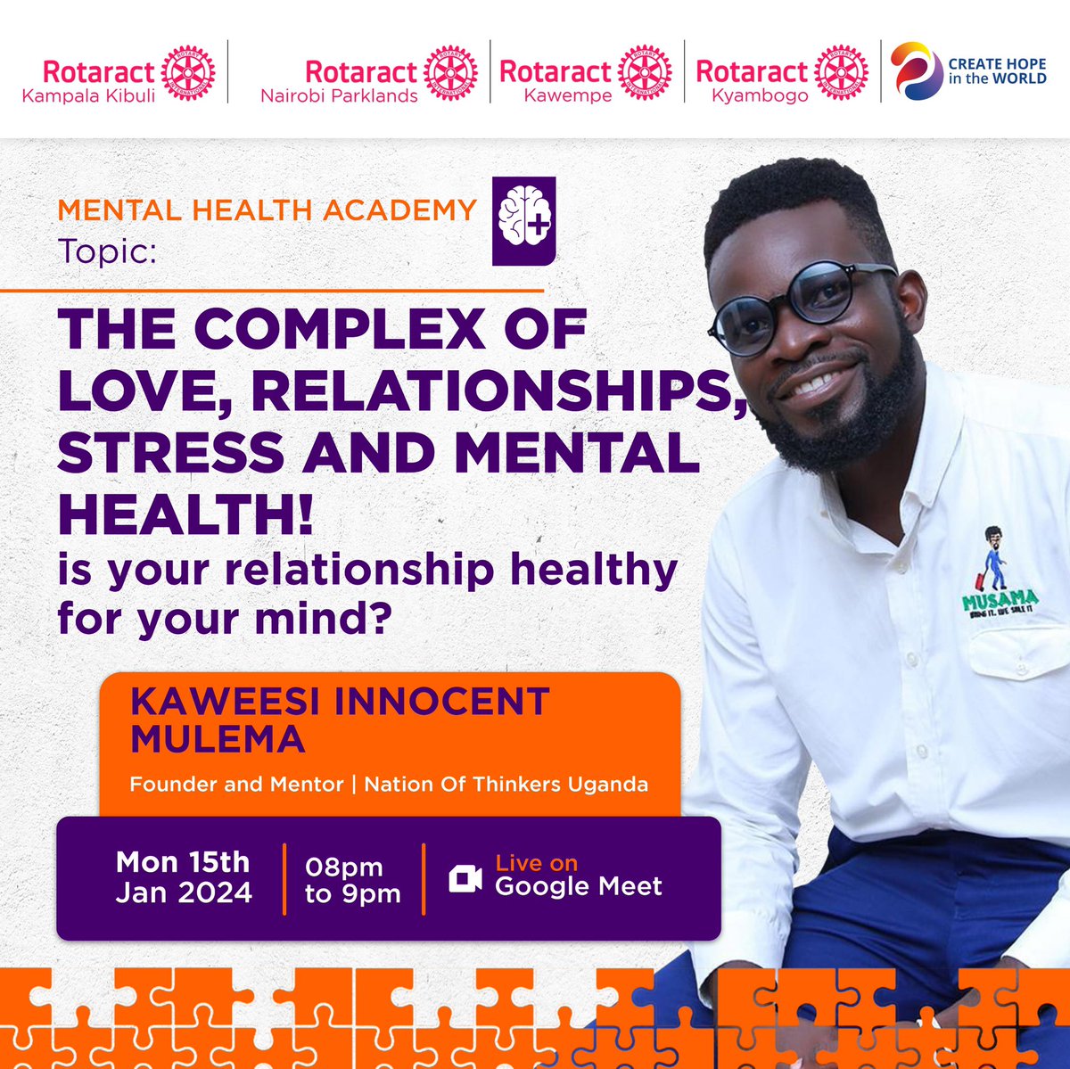 RotaractKibuli's tweet image. *MENTAL HEALTH ACADEMY*

Is your relationship healthy for your mind?

Speaker :Kaweesi Innocent Mulema

Time : 8:00-9:00PM

Dates :15th  January 2024
 
Venue :meet.google.com/kwh-aomv-pui

#mentalhealthmatters 
#CreatingHopeInTheWorld